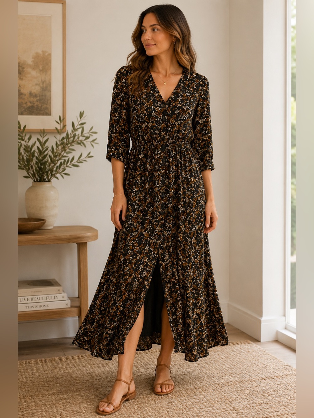 Madewell Black Floral Maxi Dress Sz 0 Front Slit Long Sleeve EUC (141)
